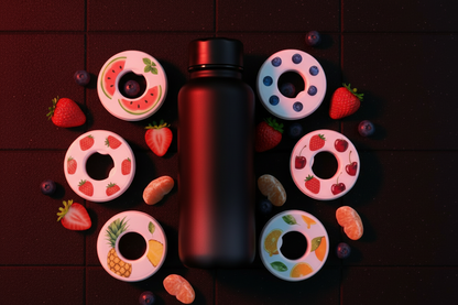Flat Lay Variation 3 - Bottle on Side with Fruit Props